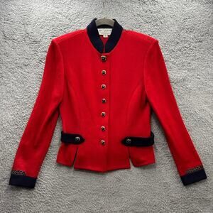 St. John Evening‎ Size 2 Knit Jacket Red Blue Embroidered Accents Snaps Fitted